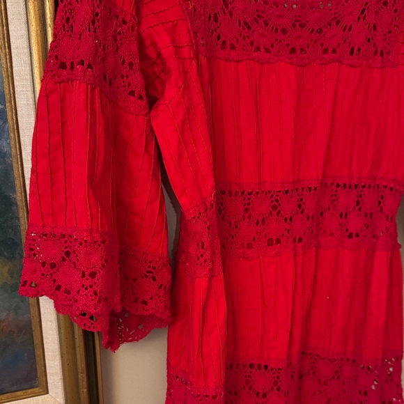 1970s Red Lace Crochet Gown Dress Wedding Boho Chic Medium - Picture 7 of 10